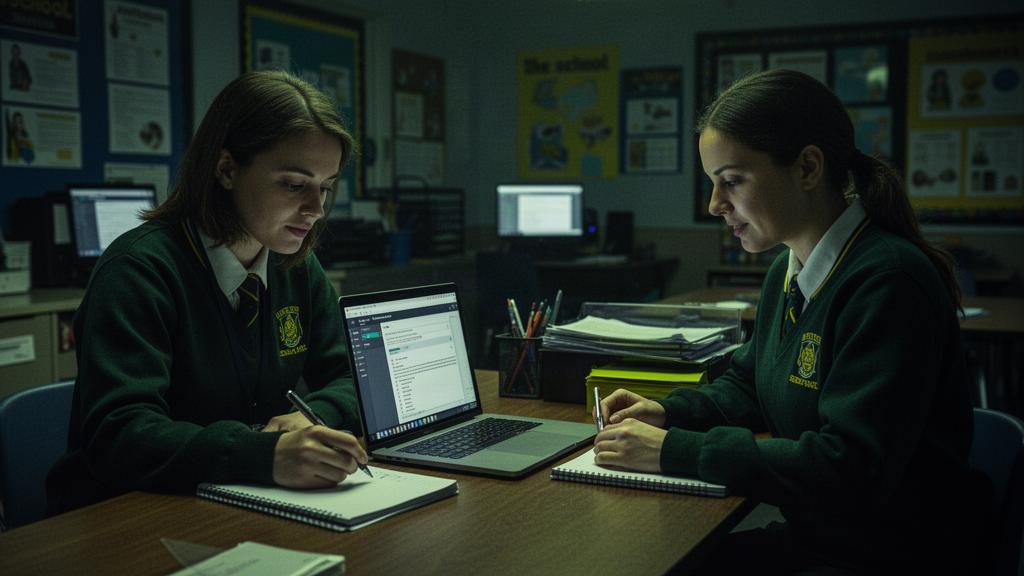 Two school staff members testing operations software together on a laptop