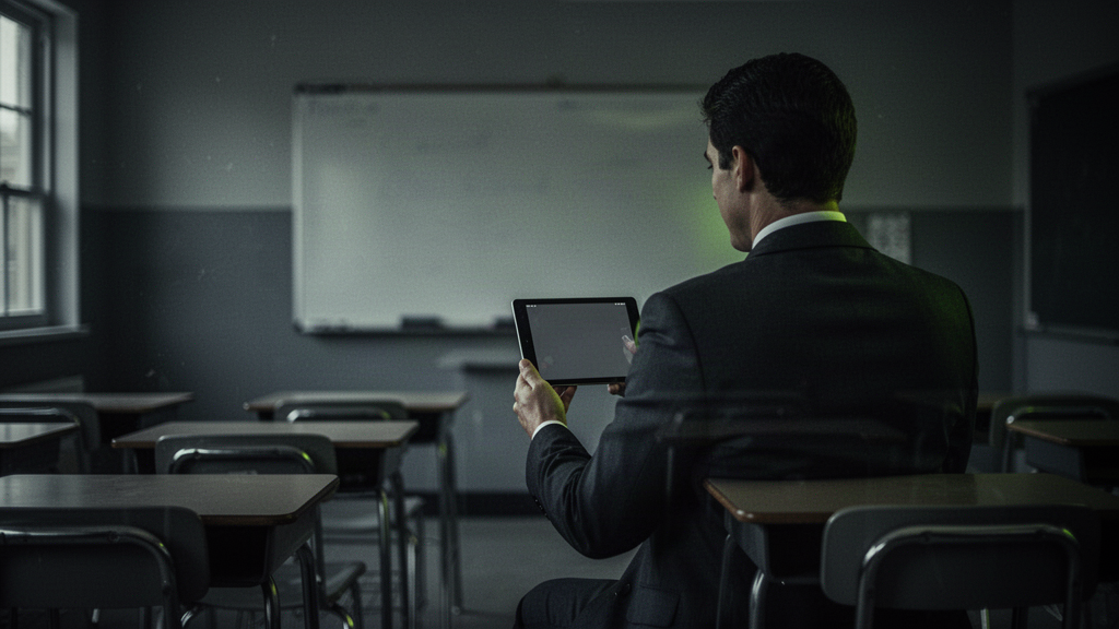 Principal with a tablet observing an empty classroom after a walkthrough