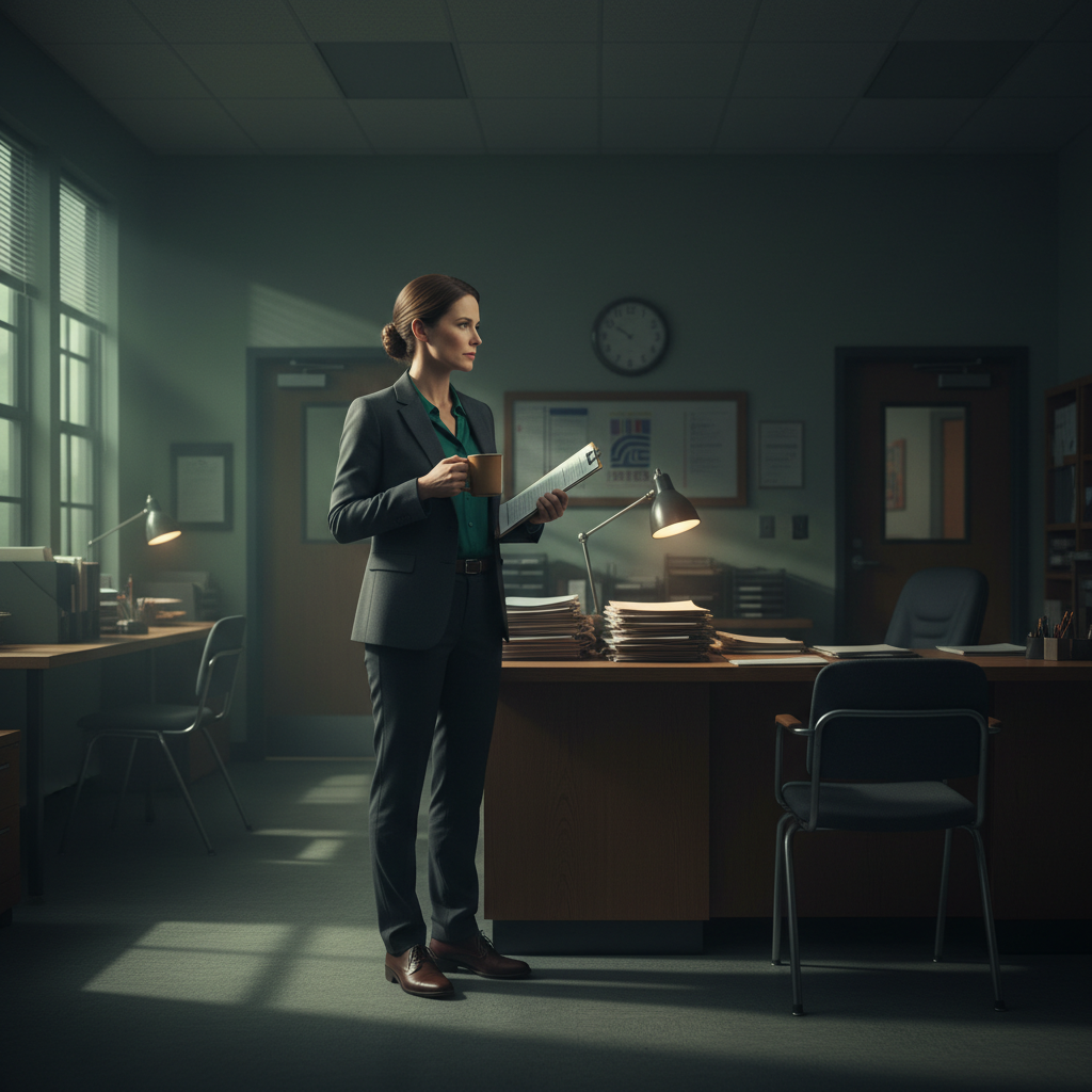 Operations director with a checklist in a school front office before the day begins