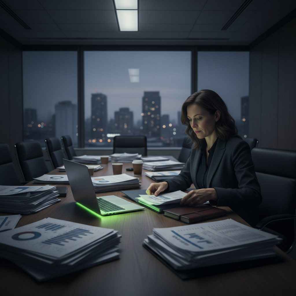 School leader assembling a board meeting packet at a boardroom table
