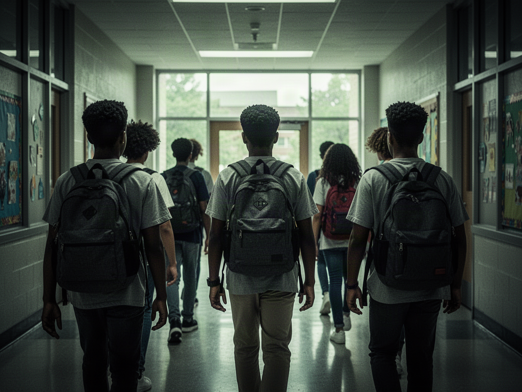 Students walking down a school hallway
