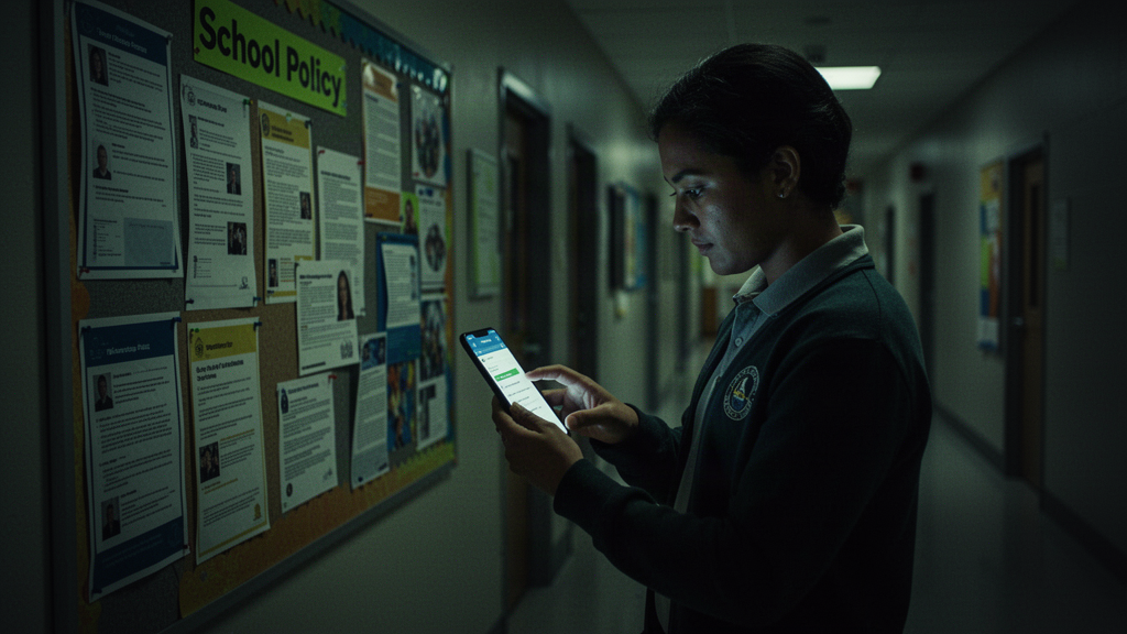Staff member searching for a school policy on a phone in a hallway