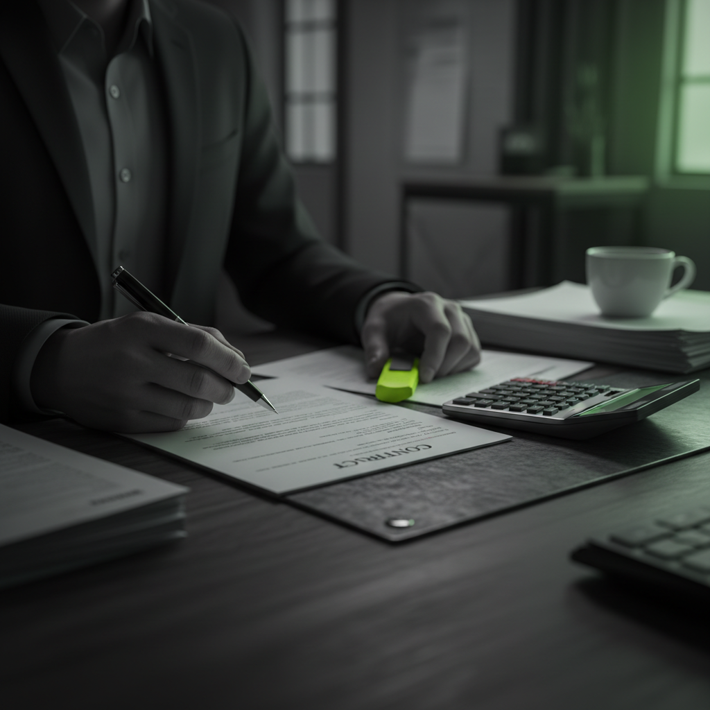 School business manager reviewing a vendor contract with a highlighter
