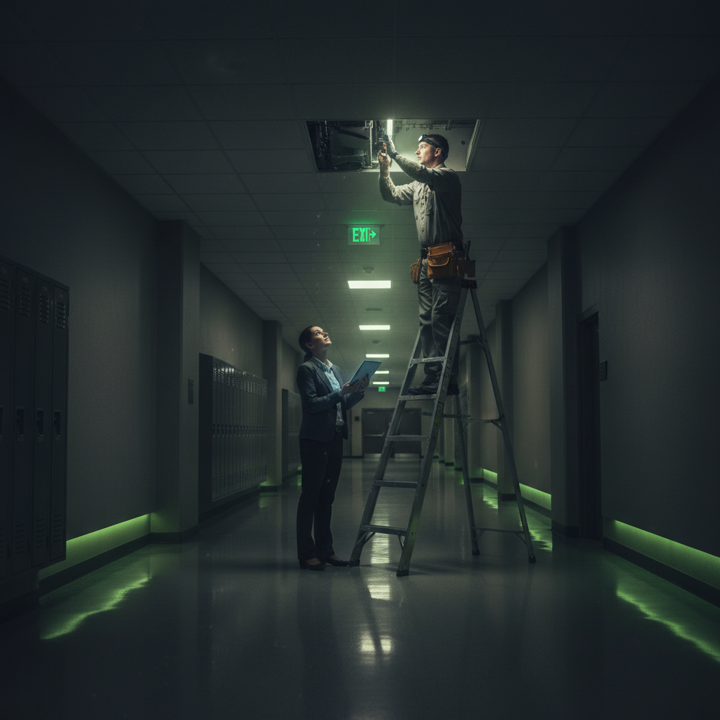 Facilities technician inspecting a hallway light while a staff member logs the issue