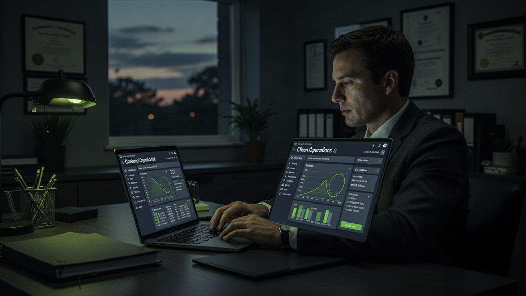 School leader reviewing an operations dashboard on a laptop
