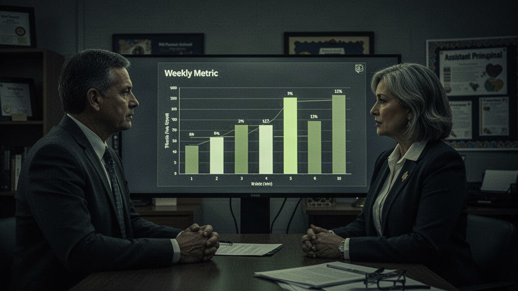 School leaders reviewing weekly metric charts on a monitor