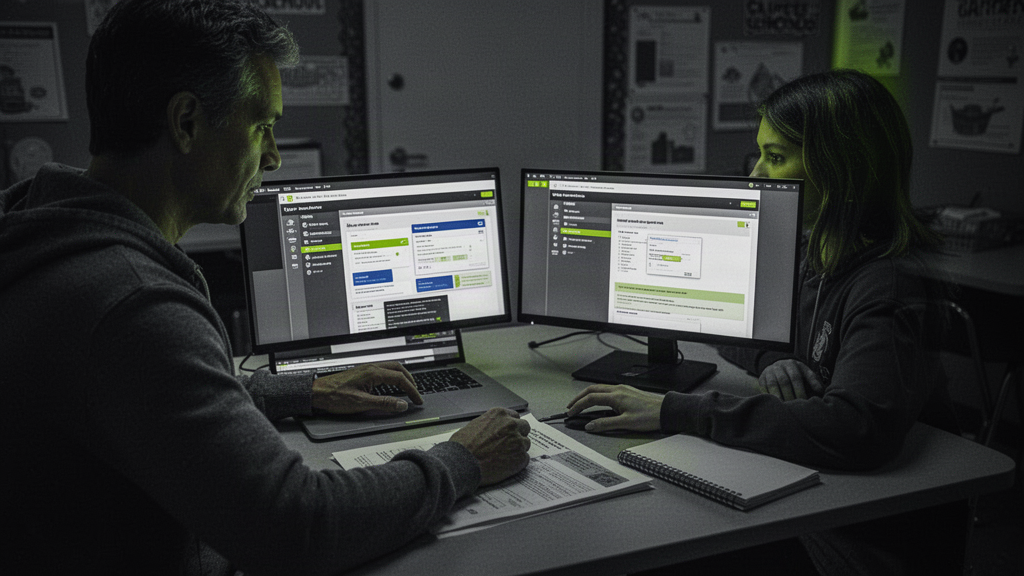 Charter school leader comparing software options at a desk