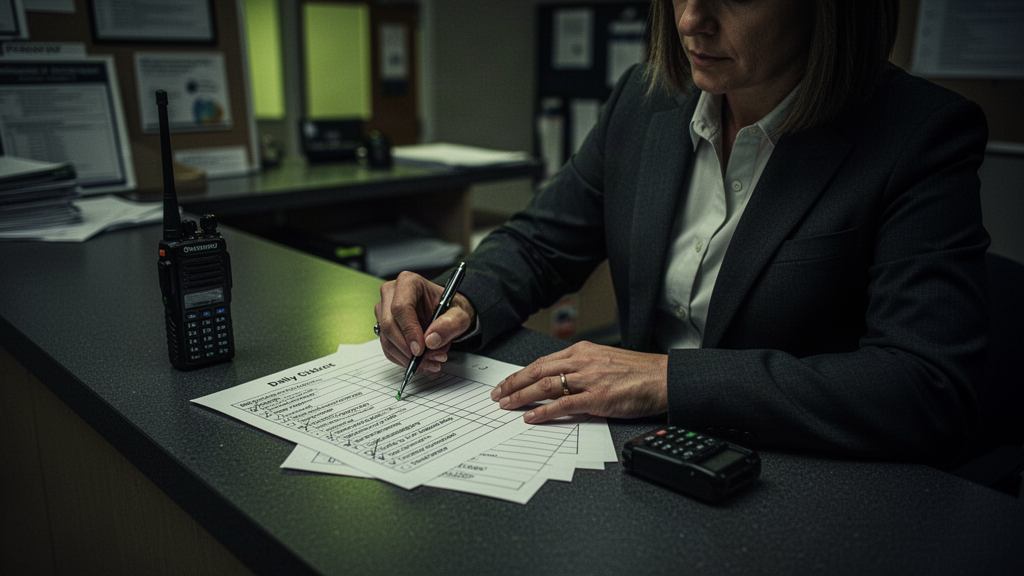 Operations manager checking off a daily checklist at the school front office