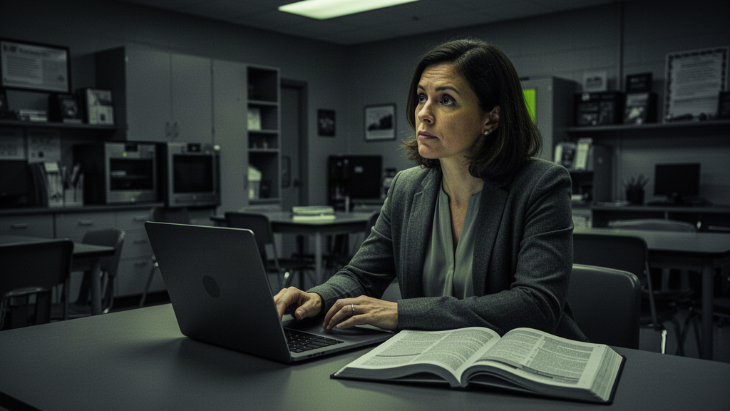 Teacher searching a staff handbook knowledge base on a laptop